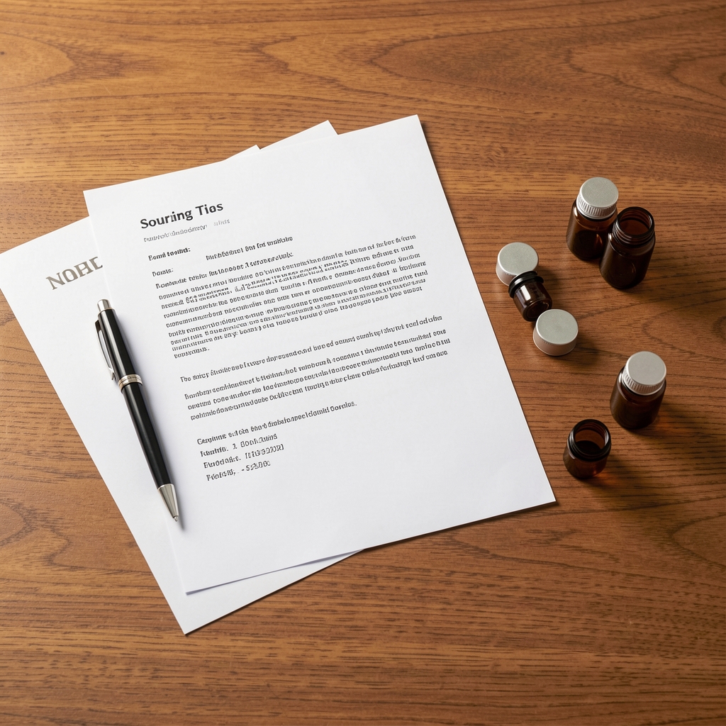Flat-lay arrangement of sourcing documentation papers, pen, and small amber glass supplement containers on a warm wooden desk surface