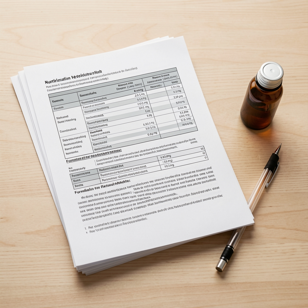 Stack of printed nutritional research documents and formulation notes on a light wooden surface with a mechanical pencil and small amber supplement bottle