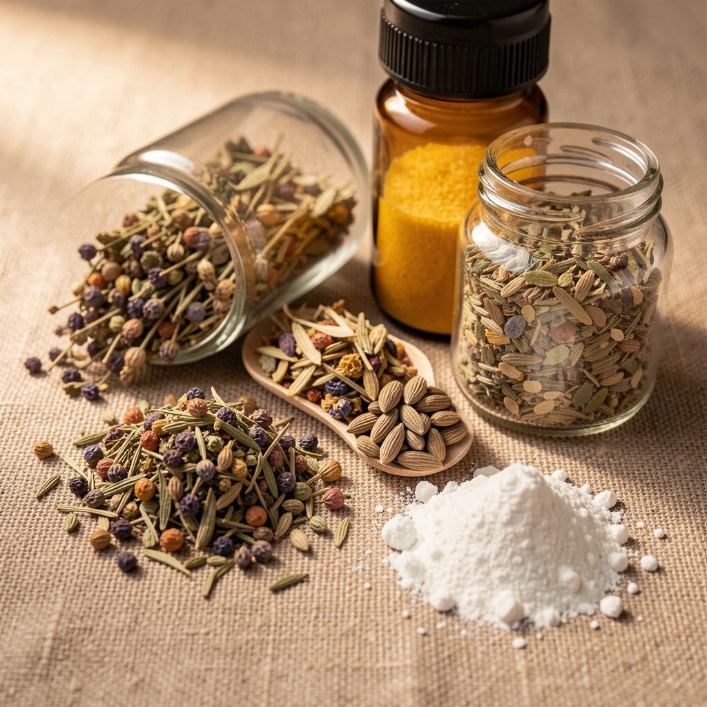 Close-up of natural botanical capsule ingredients arranged on a linen surface in warm studio lighting, including dried herbs, seed extracts, and mineral powders