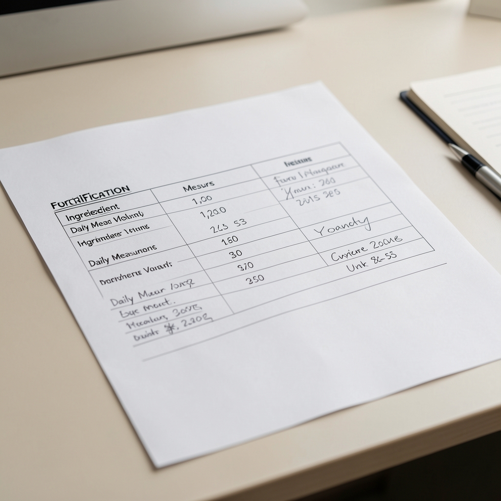 Close-up of a formulation specification document on a light desk showing ingredient ratios, daily measure volumes, and handwritten annotations in a clean workspace environment