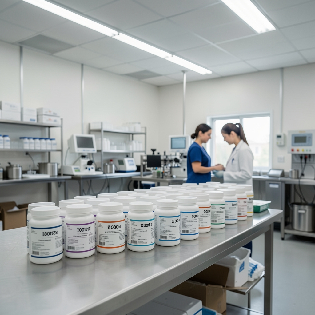 Third-party verification visit at a supplement production room with batch-coded containers lined up on a quality-control bench under bright overhead lighting in a clean workspace