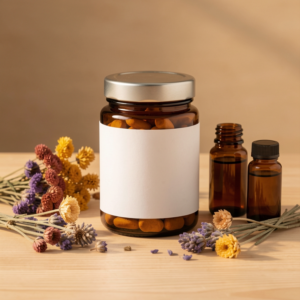 Amber glass supplement jar with label on a clean wooden surface under warm studio lighting, surrounded by dried botanical herbs and plant extracts