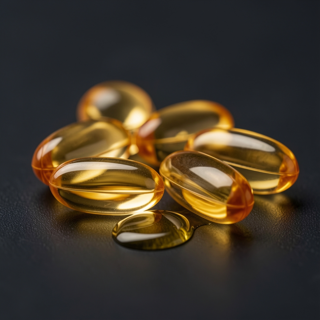 Close-up macro photograph of omega-3 softgel capsules in golden colour arranged on a dark background with a drop of fish oil visible
