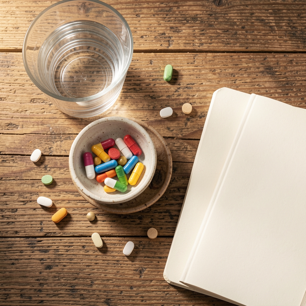 Overhead view of a morning supplement routine flat-lay on a wooden table with water glass, supplement capsules in a small ceramic dish, and a wellness journal