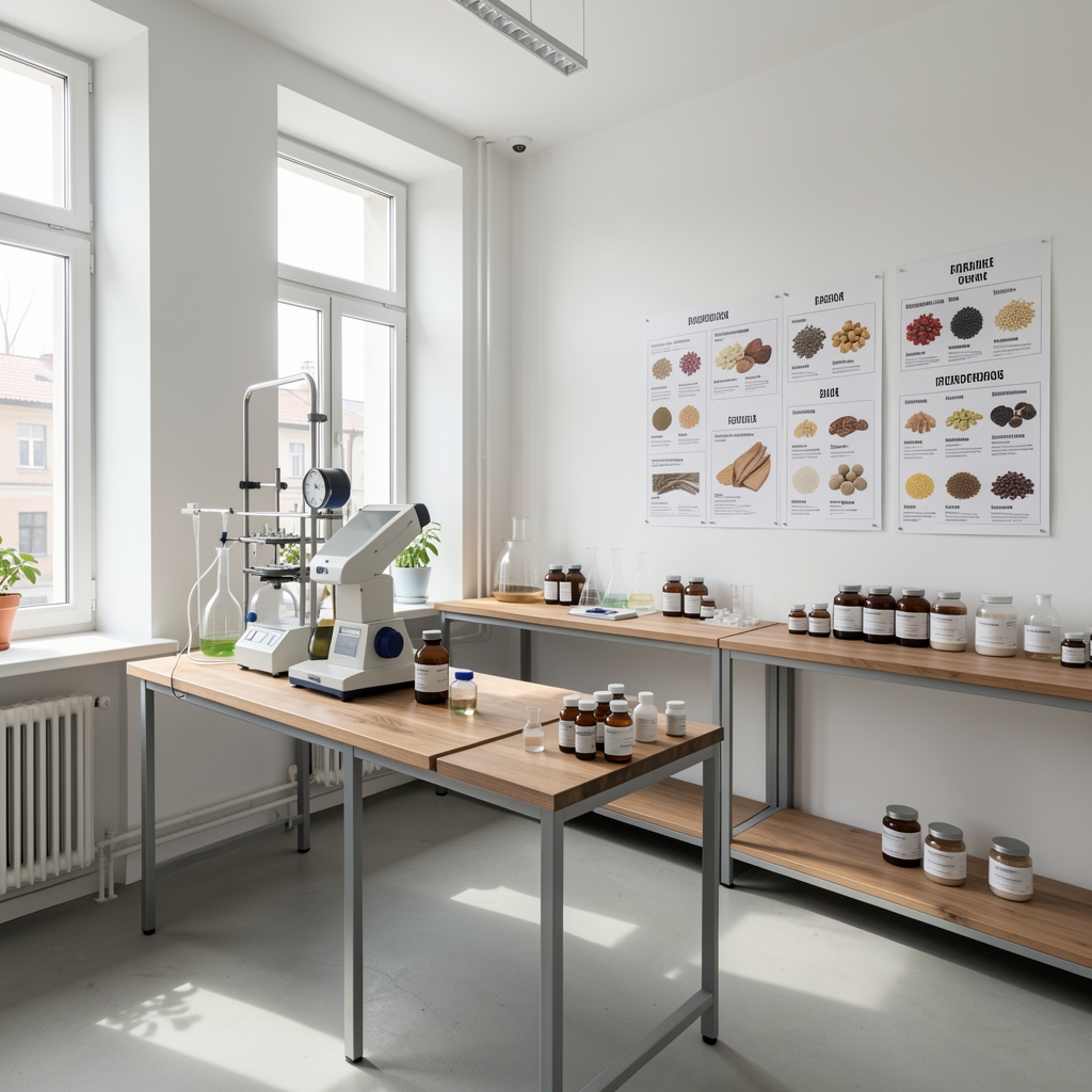 Wide-angle view of a clean supplement formulation studio in Warsaw with white walls, natural light, wooden work surfaces, and ingredient reference charts on the wall