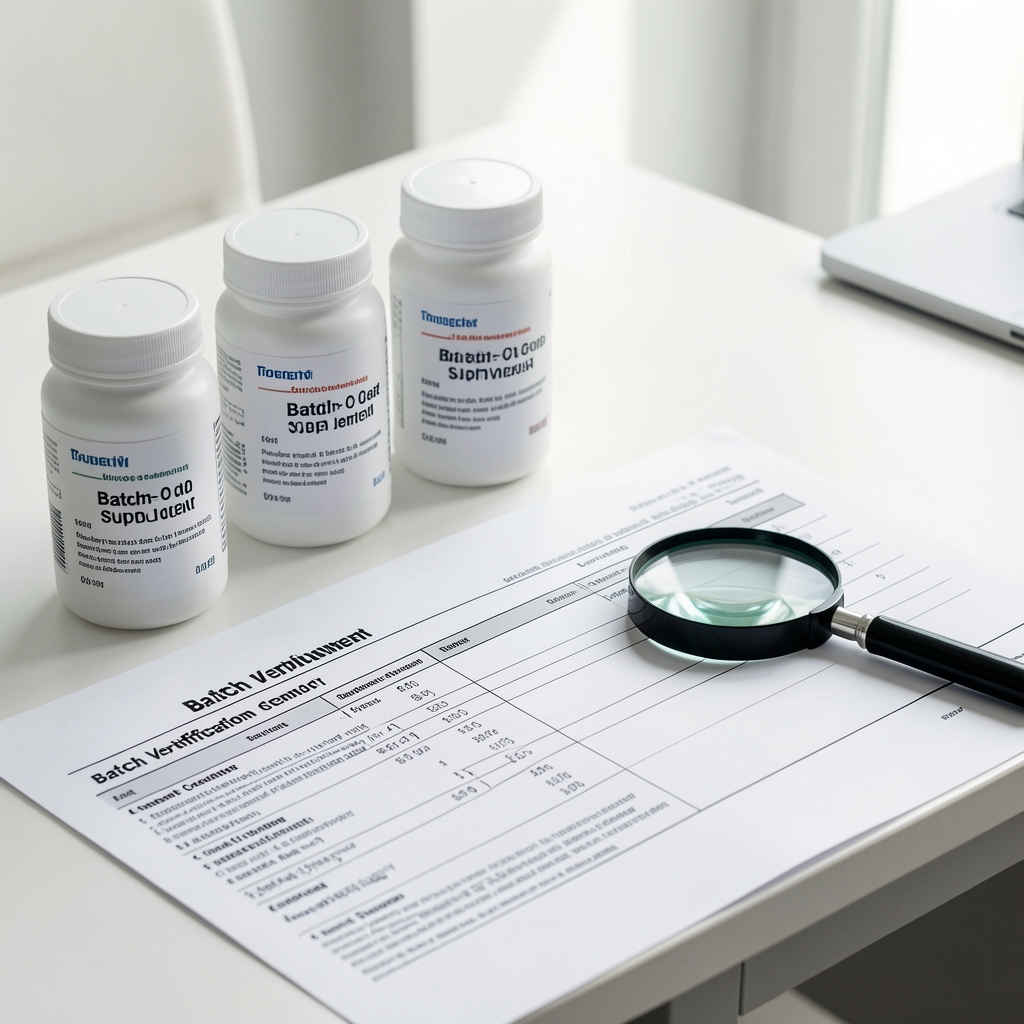 Close-up of a formulation workbench with batch-coded supplement containers, printed batch verification reports, and a magnifying glass on a clean white surface